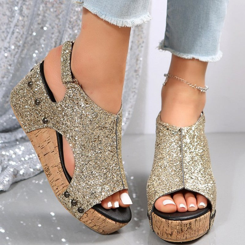 Hollowed Out Sequins Patchwork Fish Mouth Out Door Wedges Shoes