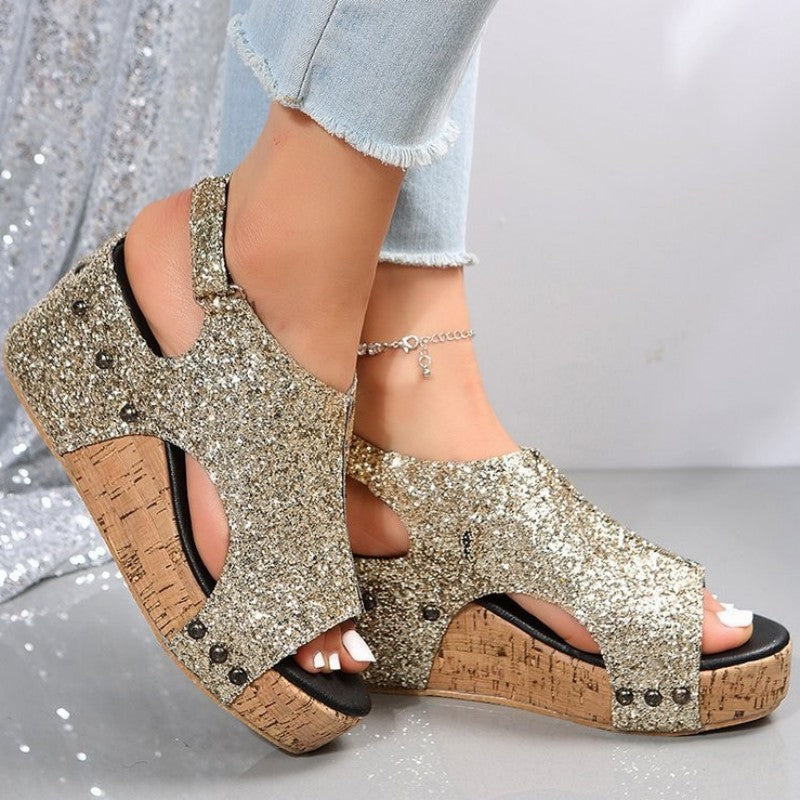Hollowed Out Sequins Patchwork Fish Mouth Out Door Wedges Shoes