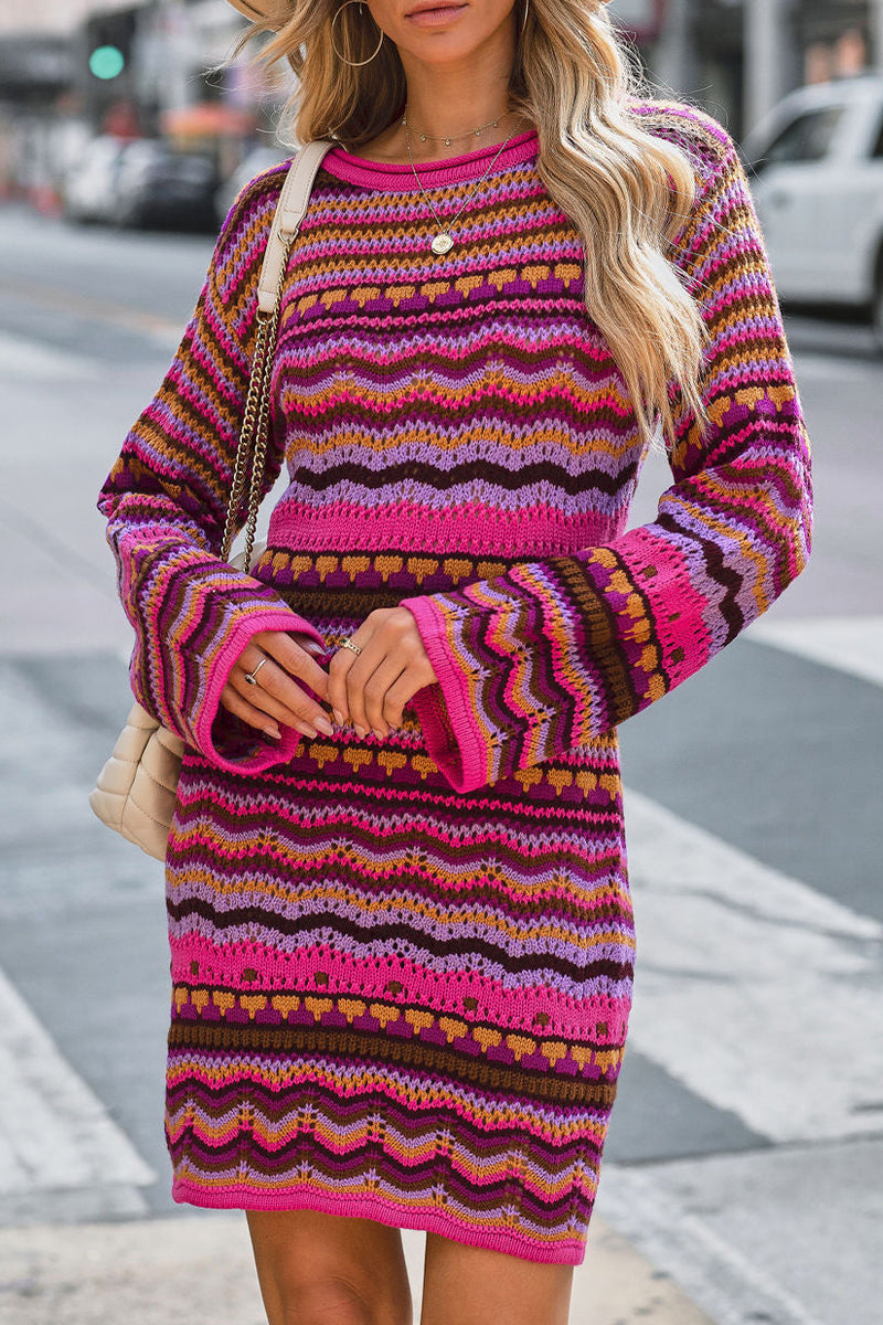 Sweet Color Block Contrast O Neck One Step Skirt Dresses
