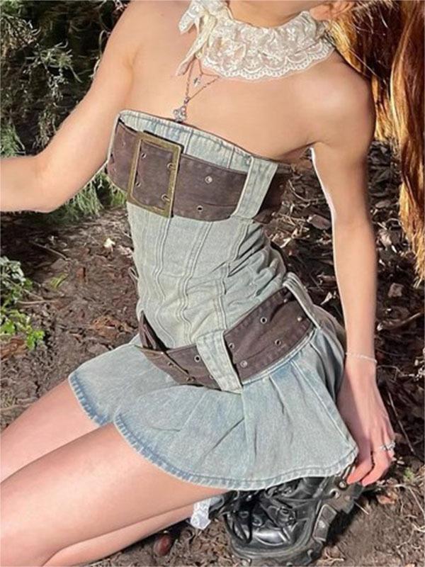 Strapless Denim Mini Dress With Belt
