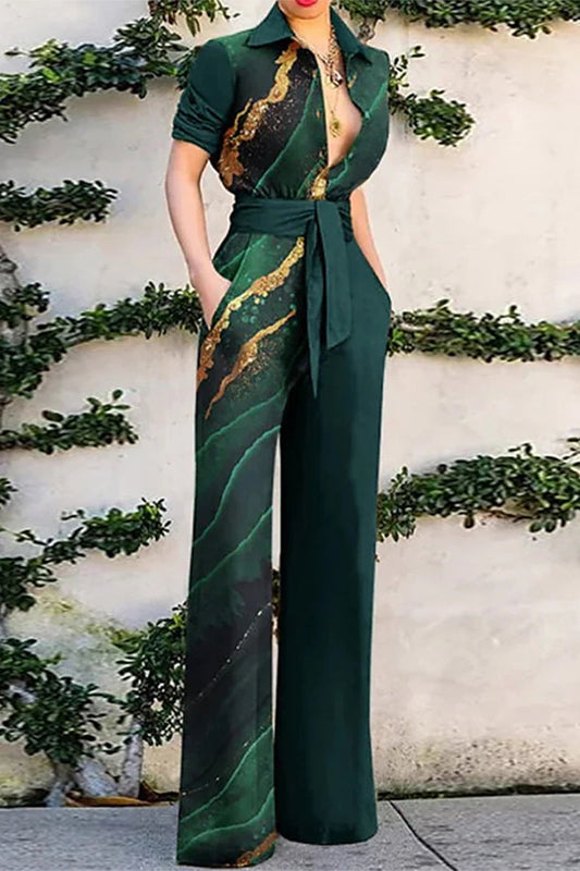 Print Bandage Turndown Collar Loose Jumpsuits