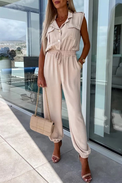 British Style Pocket Turndown Collar Loose Jumpsuits