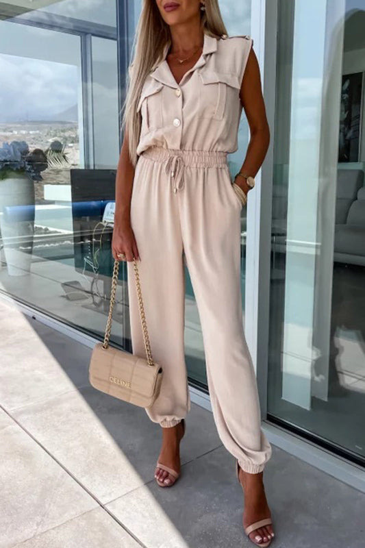 British Style Pocket Turndown Collar Loose Jumpsuits