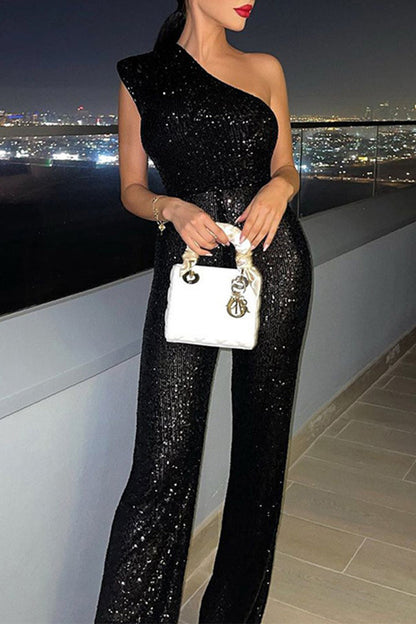 Sequins Oblique Collar Jumpsuits