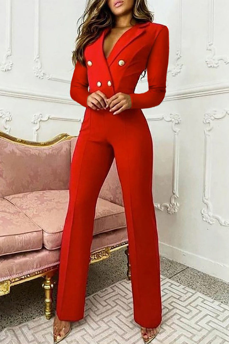 Buttons Turn-back Collar Regular Jumpsuits
