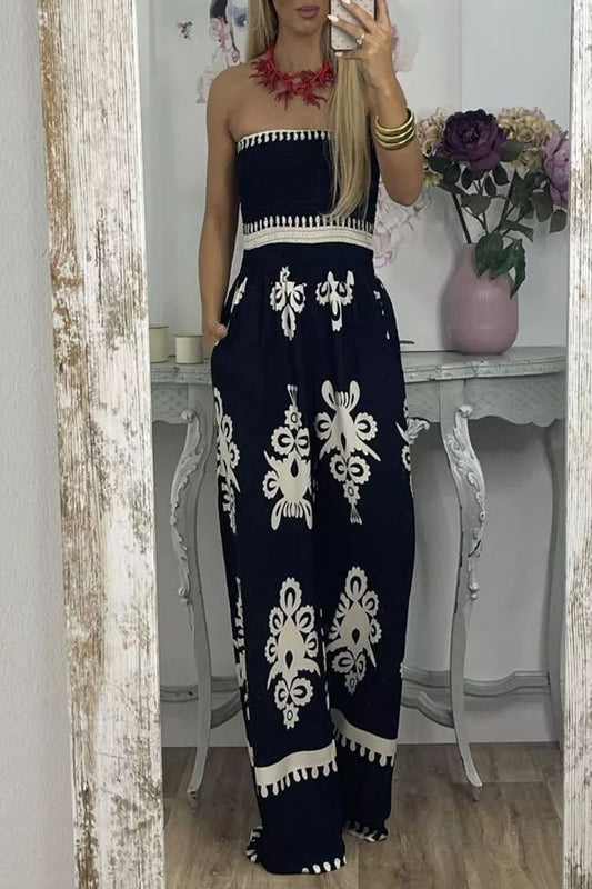 Print Pocket Strapless Loose Jumpsuits(3 Colors)