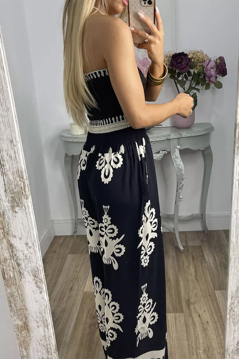 Print Pocket Strapless Loose Jumpsuits(3 Colors)