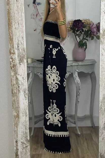 Print Pocket Strapless Loose Jumpsuits(3 Colors)