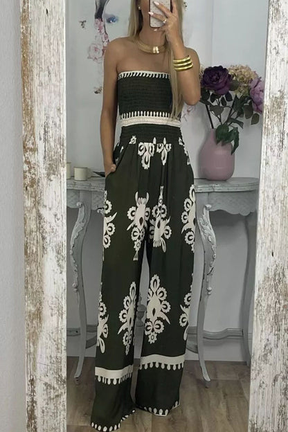 Print Pocket Strapless Loose Jumpsuits(3 Colors)