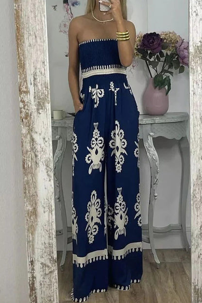 Print Pocket Strapless Loose Jumpsuits(3 Colors)