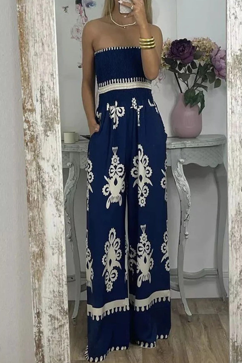 Print Pocket Strapless Loose Jumpsuits(3 Colors)