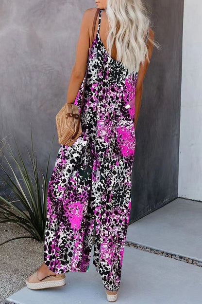 Street Print Pocket V Neck Loose Jumpsuits