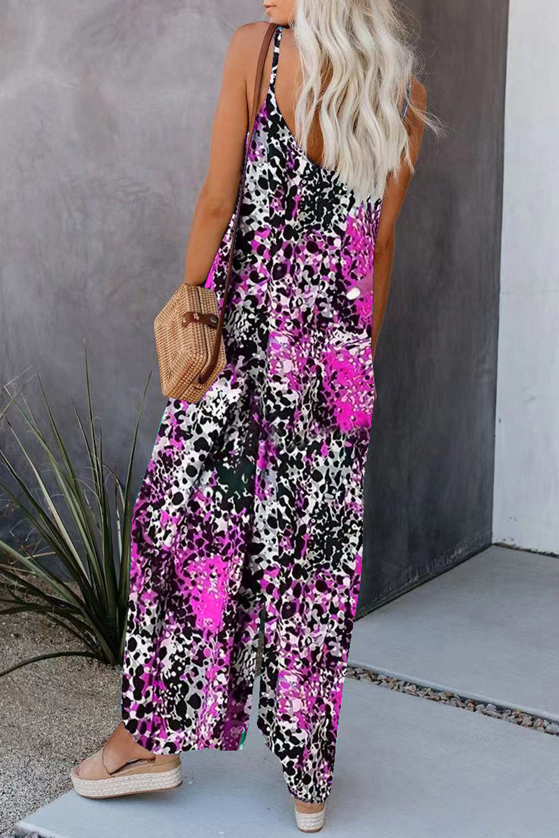 Street Print Pocket V Neck Loose Jumpsuits