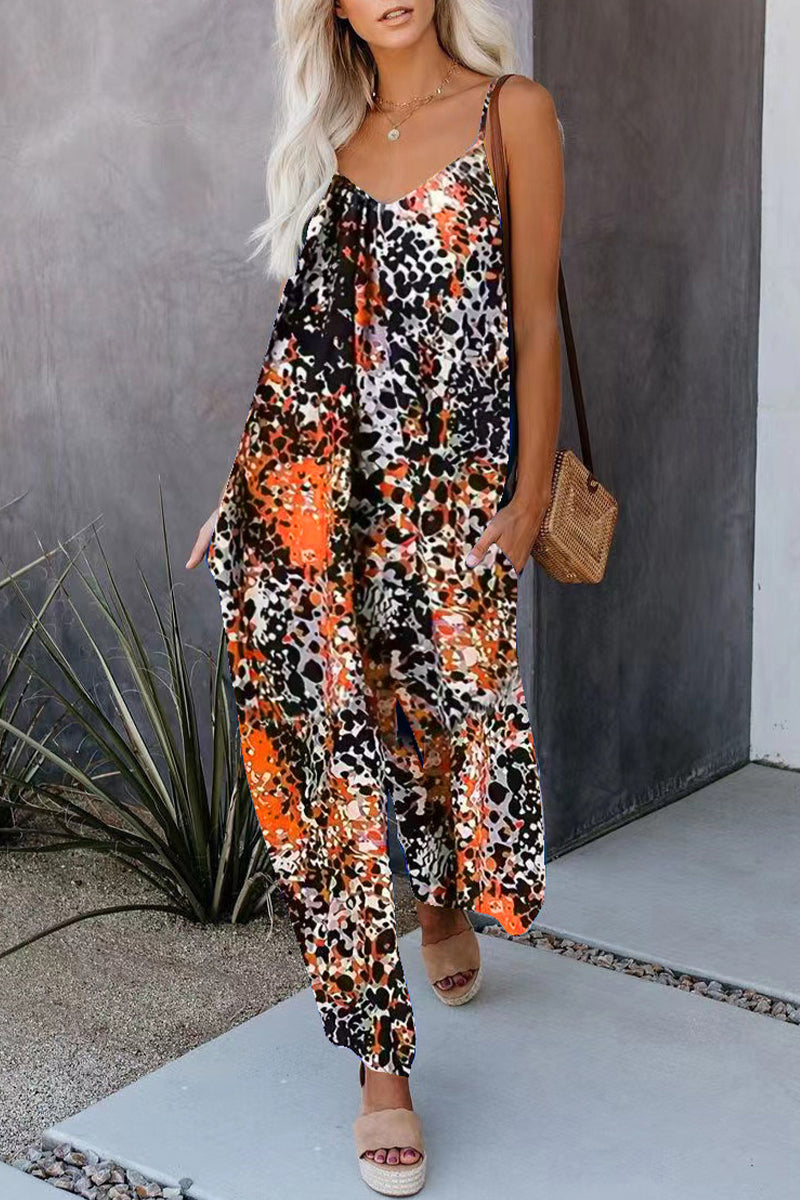 Street Print Pocket V Neck Loose Jumpsuits
