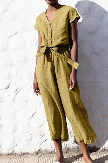 British Style Frenulum V Neck Loose Jumpsuits