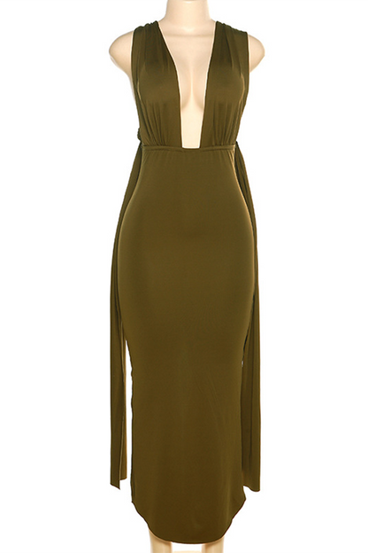 Backless Slit Fold V Neck Wrapped Skirt Dresses