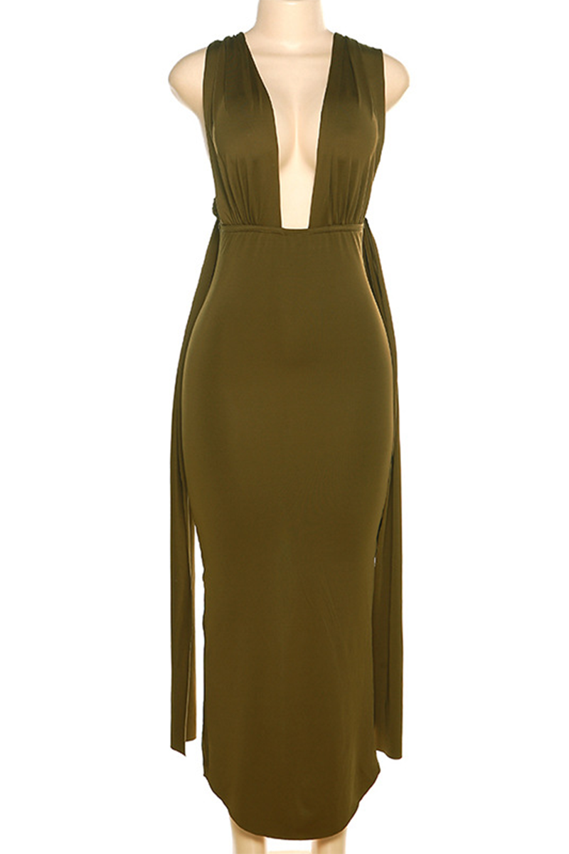 Backless Slit Fold V Neck Wrapped Skirt Dresses