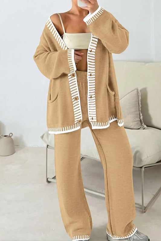 Knitted Long Sleeve Pocket Cardigan and Elastic Waist Loose Wide Leg Pants Set
