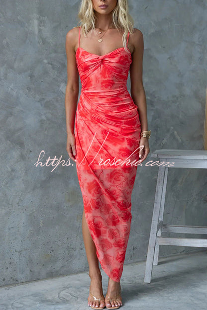 Saloni Mesh Print Twist Ruched Detail Irregular Hem Stretch Maxi Dress