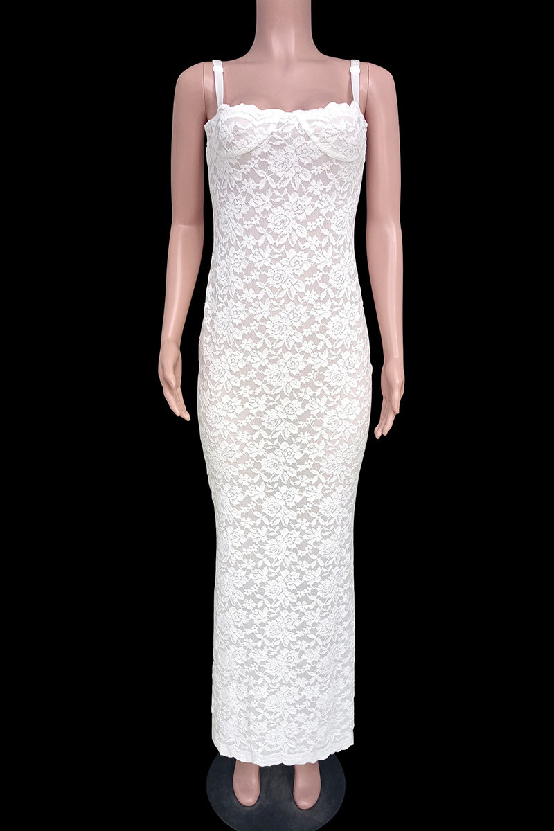 Lace See-through Square Collar Wrapped Skirt Dresses