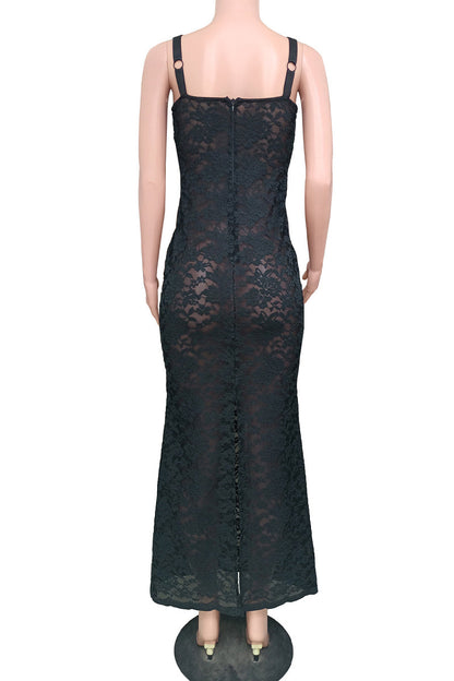 Lace See-through Square Collar Wrapped Skirt Dresses