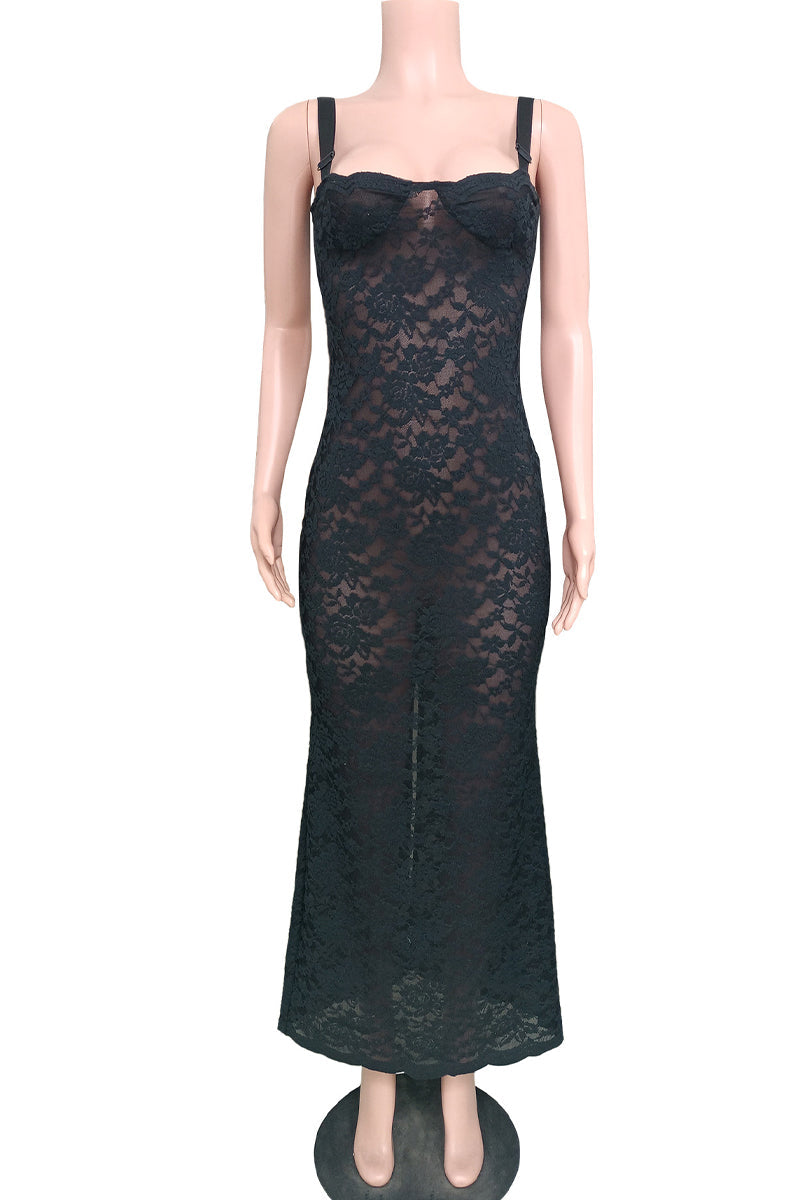 Lace See-through Square Collar Wrapped Skirt Dresses