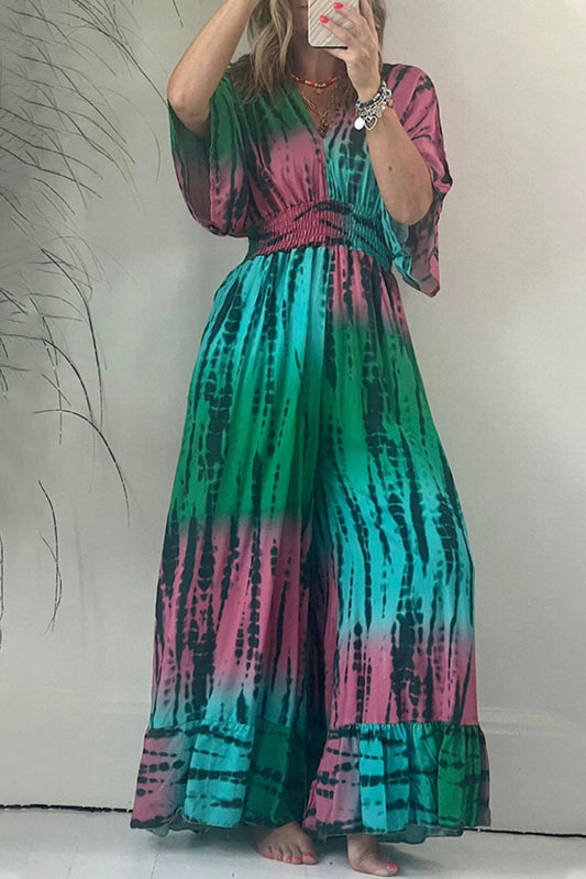 Print Pocket V Neck Loose Jumpsuits