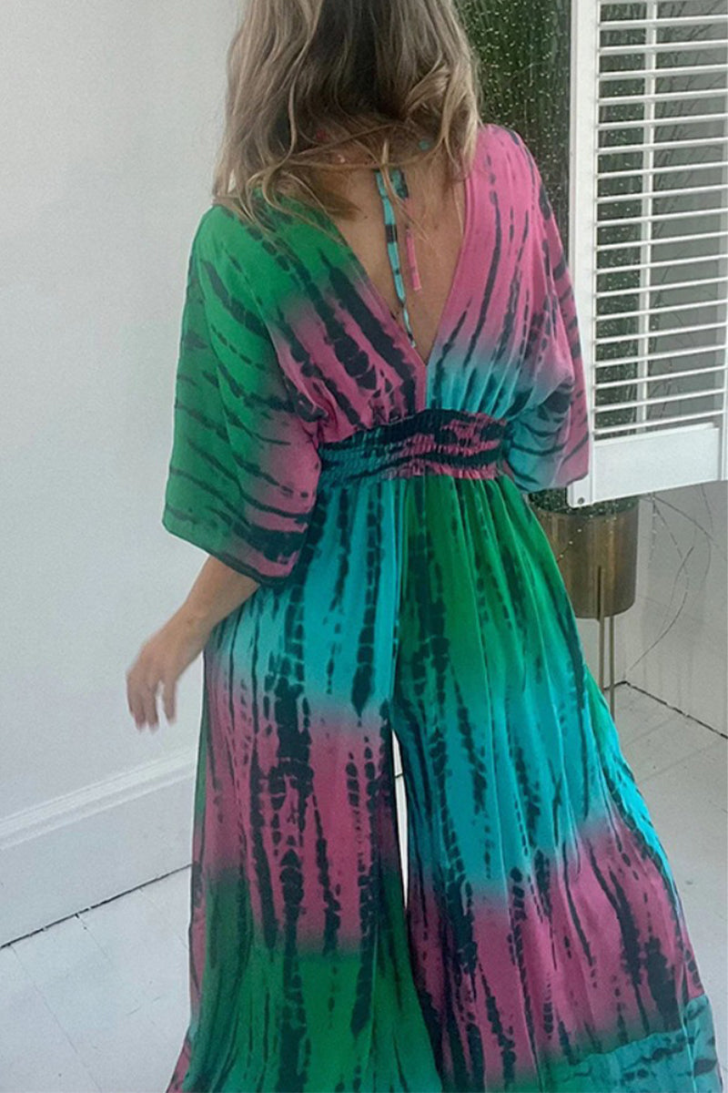 Print Pocket V Neck Loose Jumpsuits