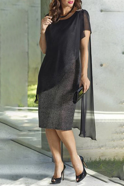 Color Block Sequins O Neck One Step Skirt Dresses