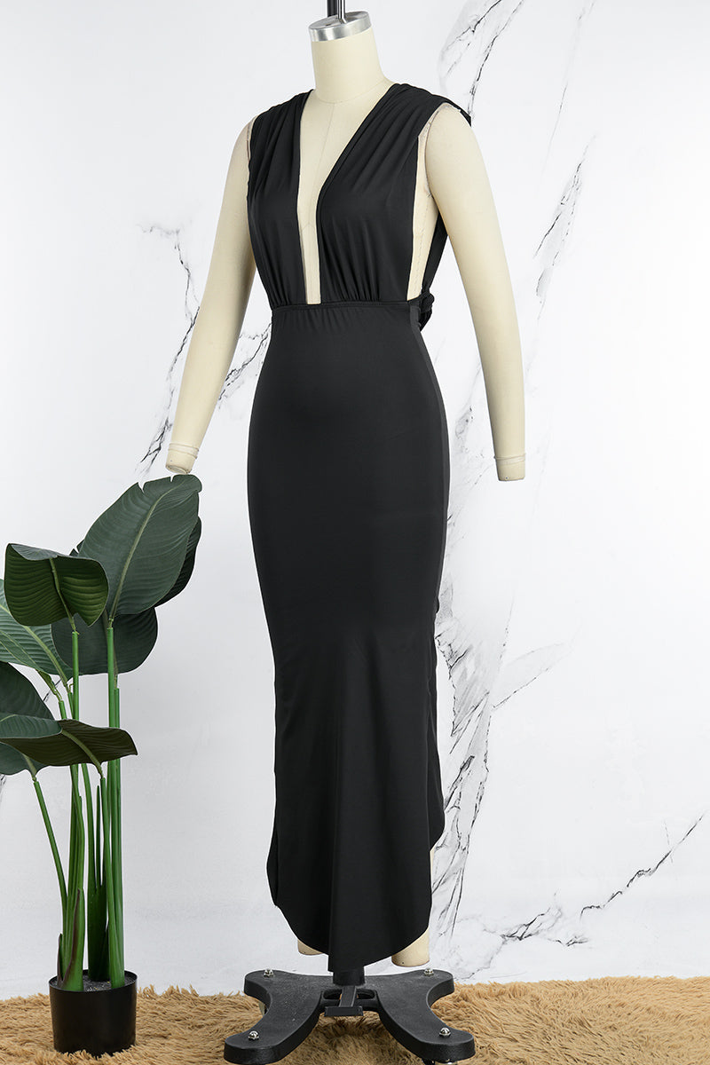 Backless Slit Fold V Neck Wrapped Skirt Dresses