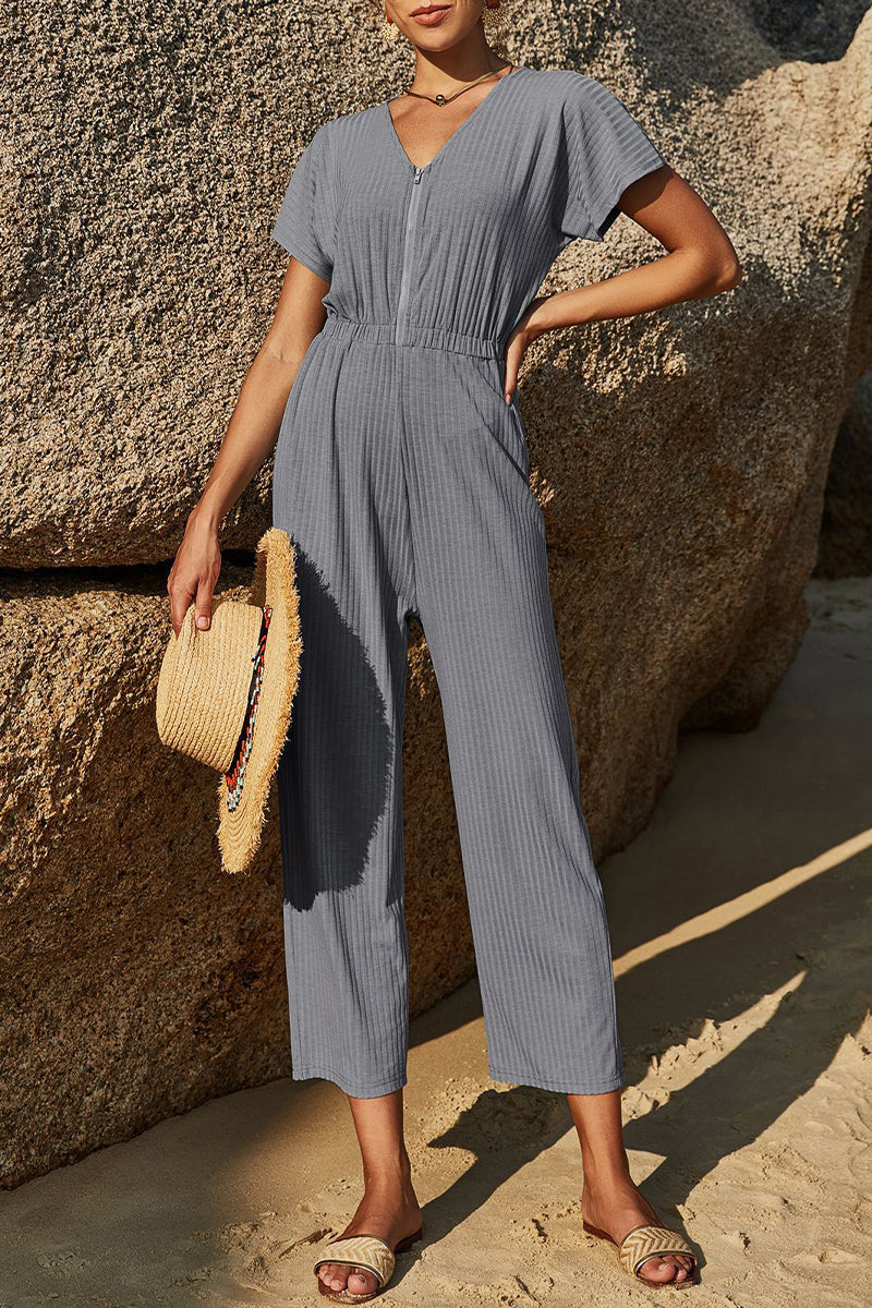 Simplicity Zipper V Neck Straight Jumpsuits