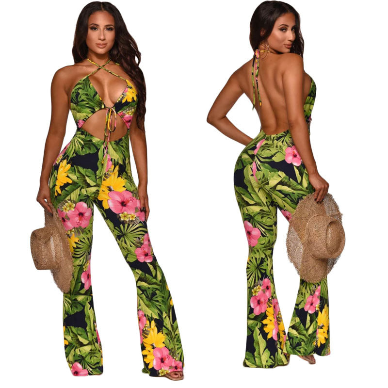 Strap Printed Bell Bottom Pants Jumpsuit