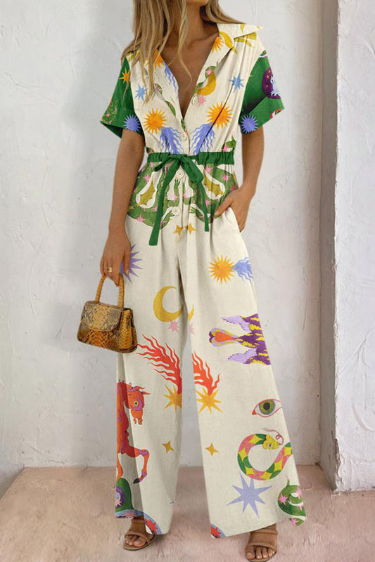 Print Pocket Turndown Collar Loose Jumpsuits