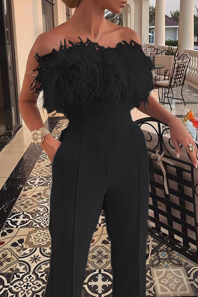 Feathers Strapless Loose Jumpsuits