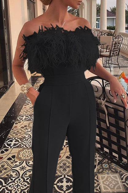 Feathers Strapless Loose Jumpsuits