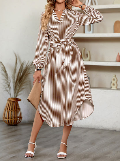 A-line Long Sleeves Striped Tied Waist V-neck Midi Dresses Shirt Dress