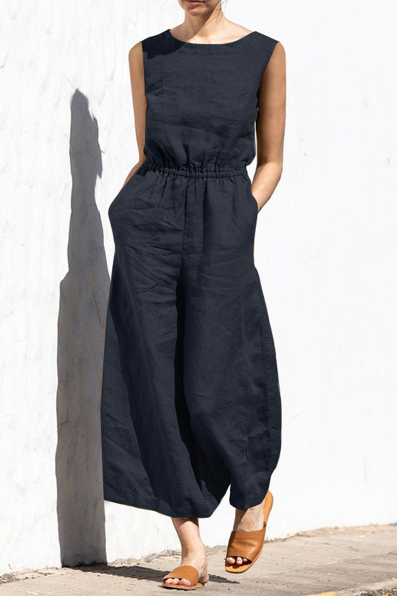 Simplicity Pocket O Neck Loose Jumpsuits