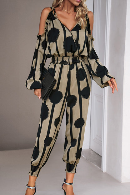 Striped Dot Patchwork V Neck Jumpsuits