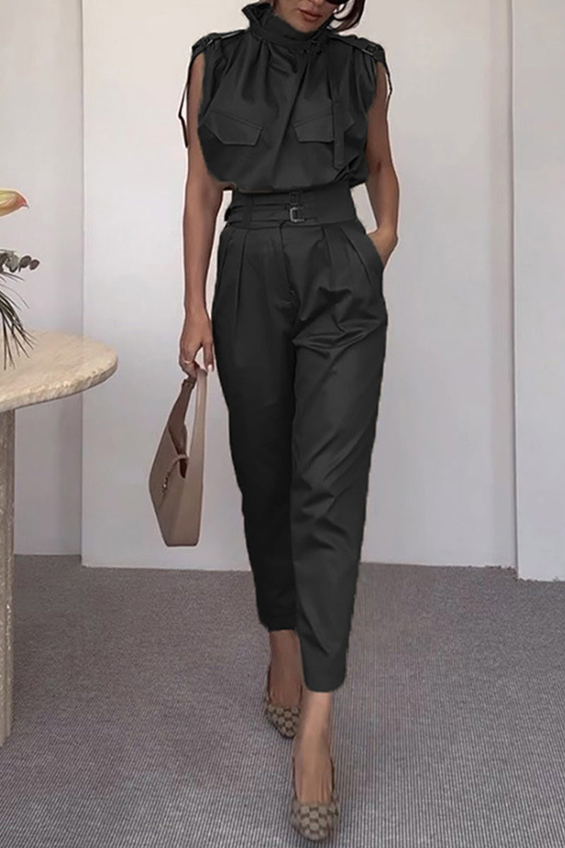 Street Patchwork Turtleneck Regular Jumpsuits