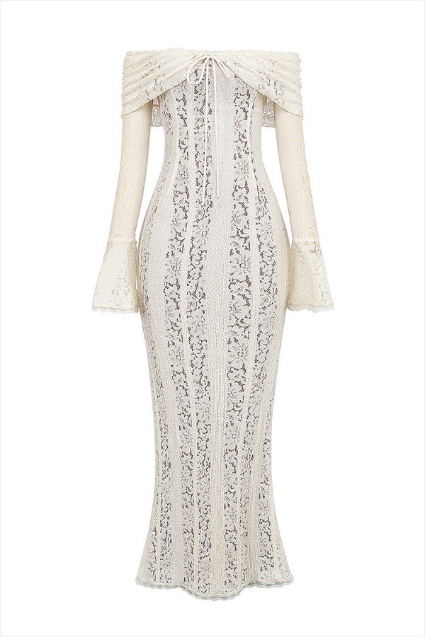 Lace Off Shoulder Flare Sleeve Fishtail Maxi Dresses-white