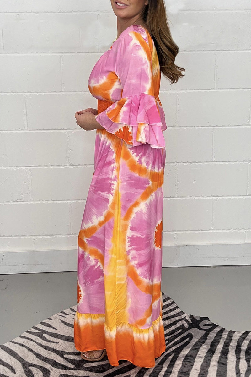College Print Patchwork V Neck Loose Jumpsuits