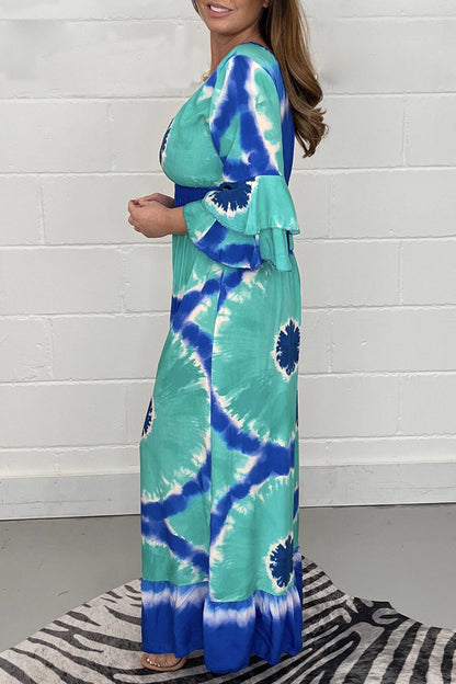 College Print Patchwork V Neck Loose Jumpsuits