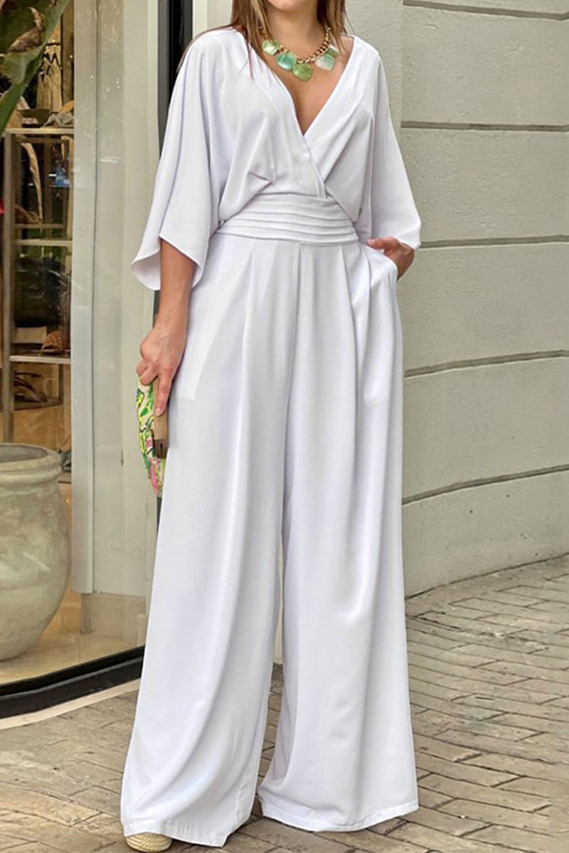 Fold V Neck Loose Jumpsuits(3 Colors)