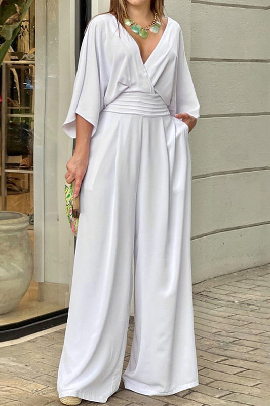 Fold V Neck Loose Jumpsuits(3 Colors)