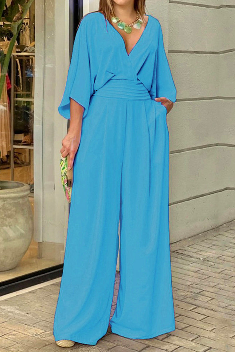 Fold V Neck Loose Jumpsuits(3 Colors)