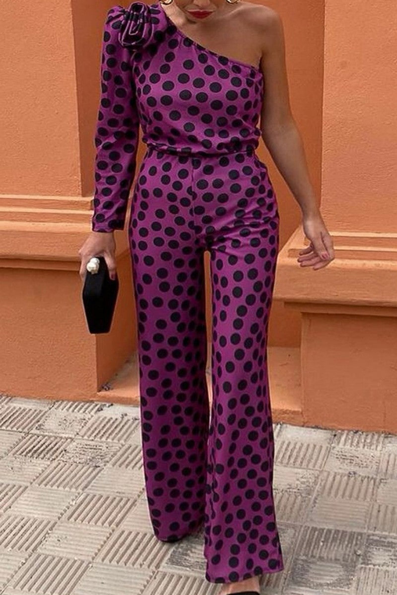 Dot Print Backless Oblique Collar Regular Jumpsuits