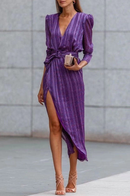 Striped Patchwork Asymmetrical V Neck Waist Skirt Dresses