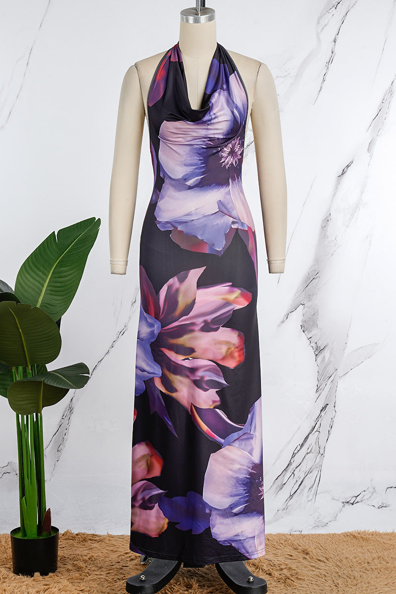 Print Backless Halter One Step Skirt Dresses