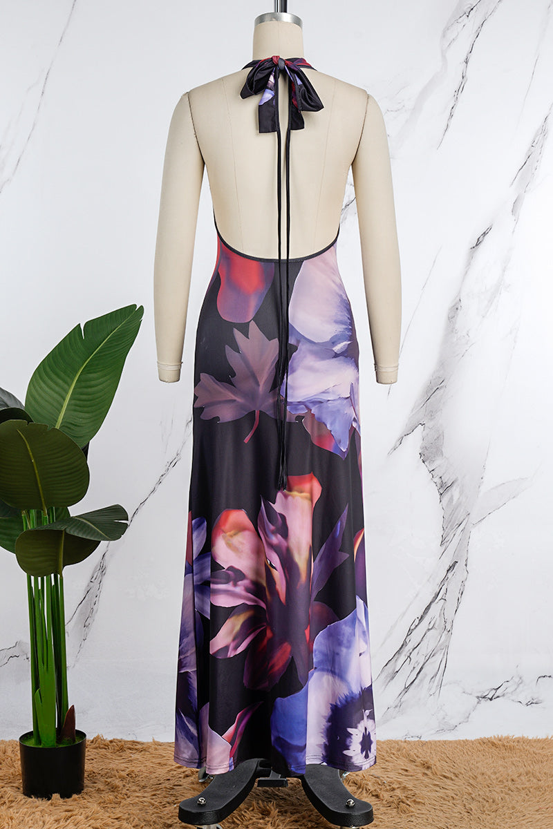 Print Backless Halter One Step Skirt Dresses