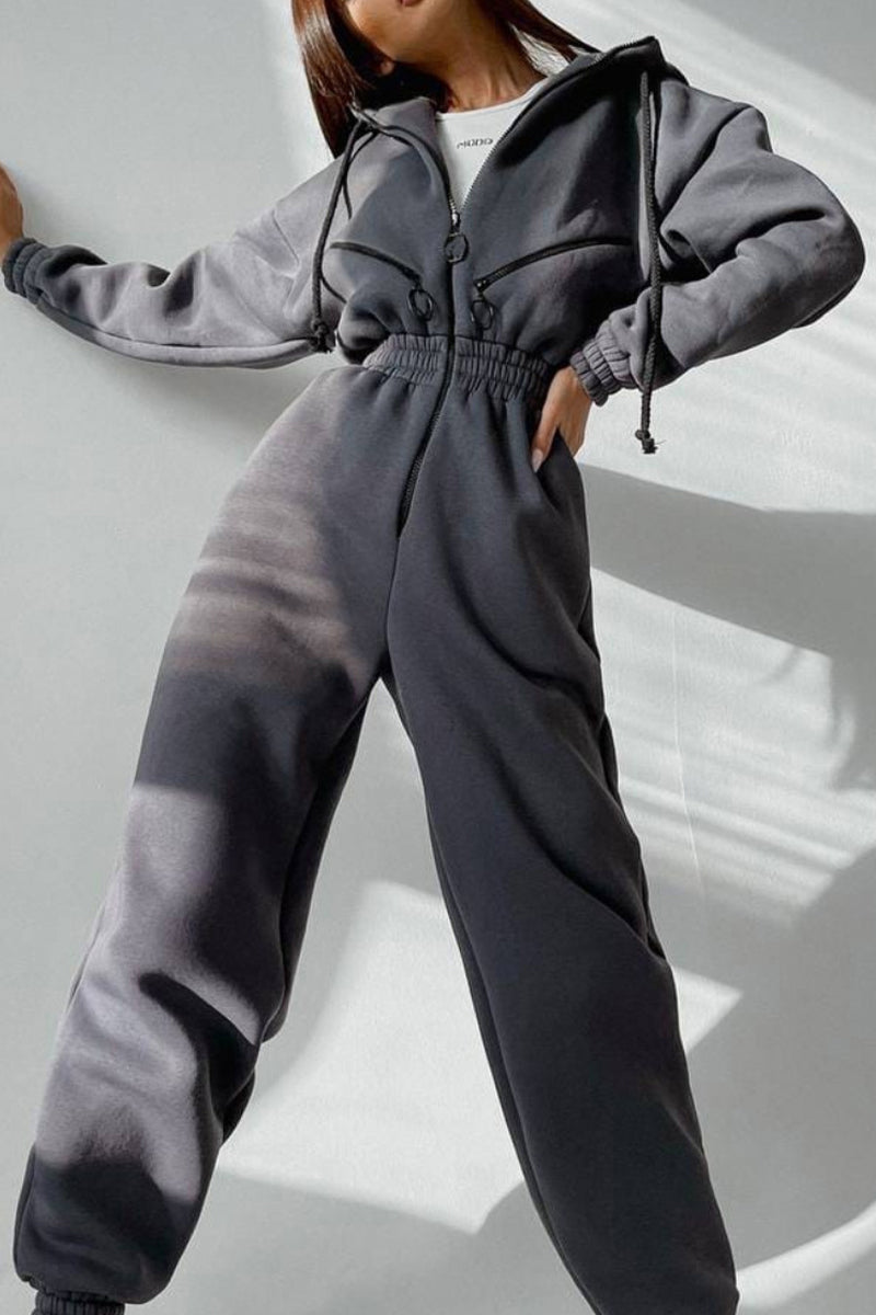 Street Patchwork Hooded Collar Jumpsuits(8 Colors)